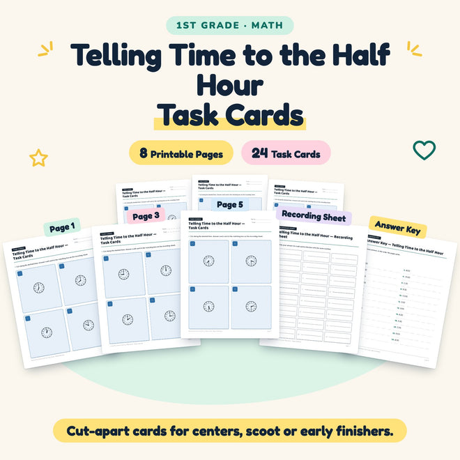 24 Telling Time to the Half Hour Task Cards — cover