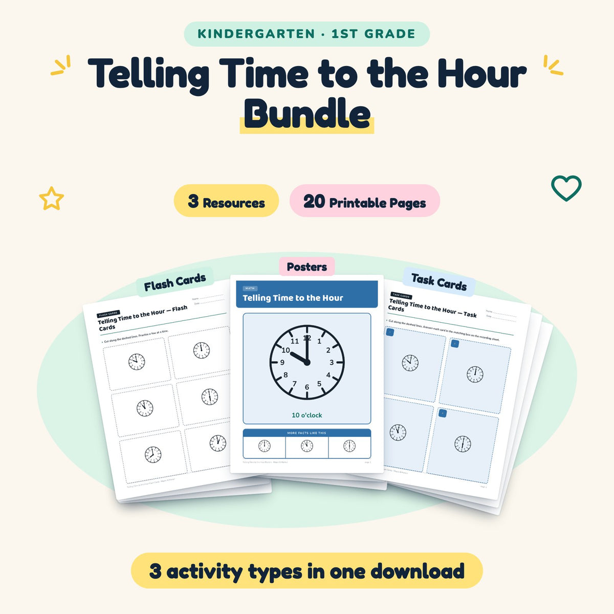 Telling Time to the Hour Bundle | K–1st Grade (3 Resources) — cover