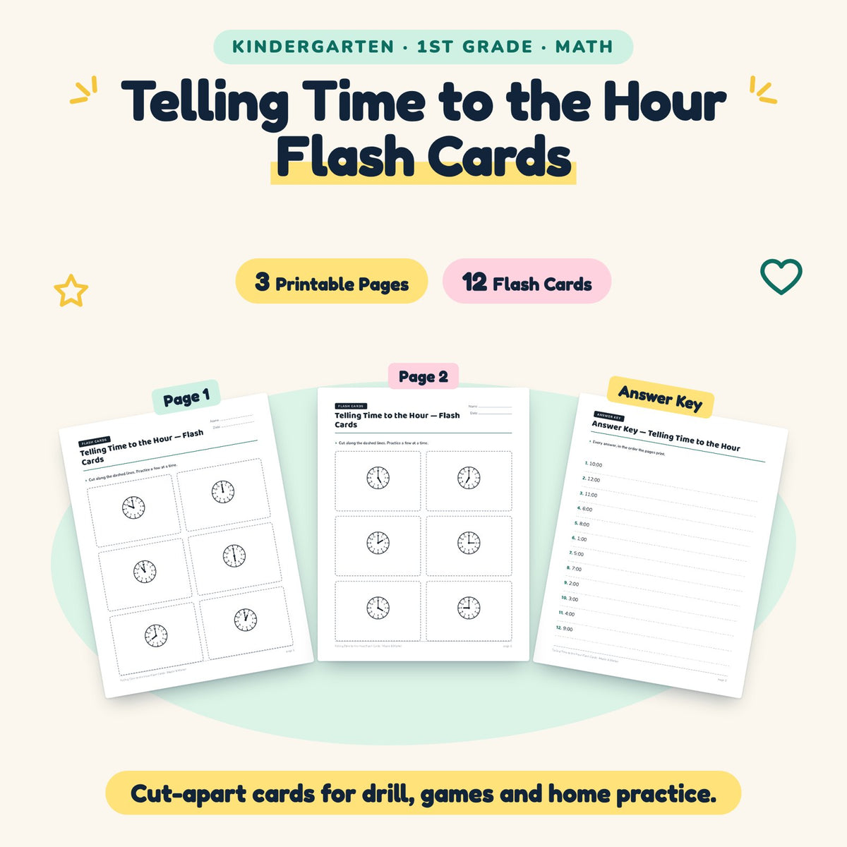 12 Telling Time to the Hour Flash Cards — cover