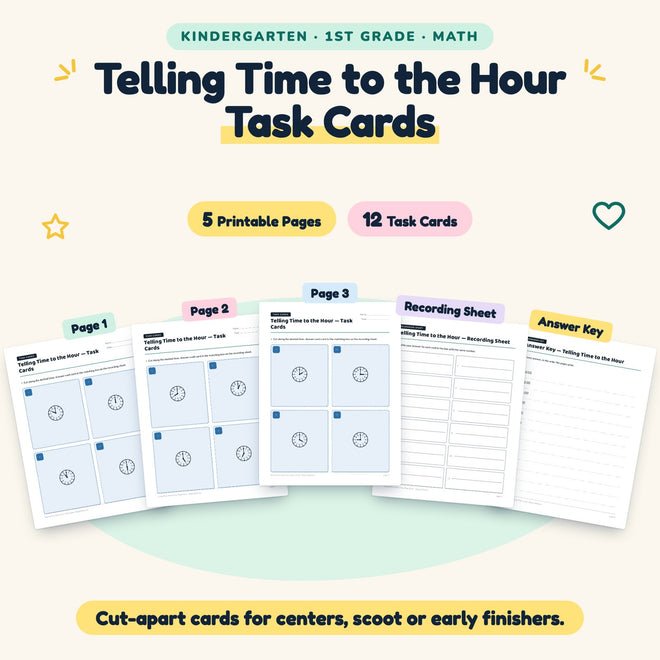 Telling Time to the Hour Task Cards | K–1st Grade (12 Cards) — cover