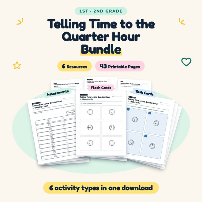 43 Page Telling Time to the Quarter Hour Bundle — cover