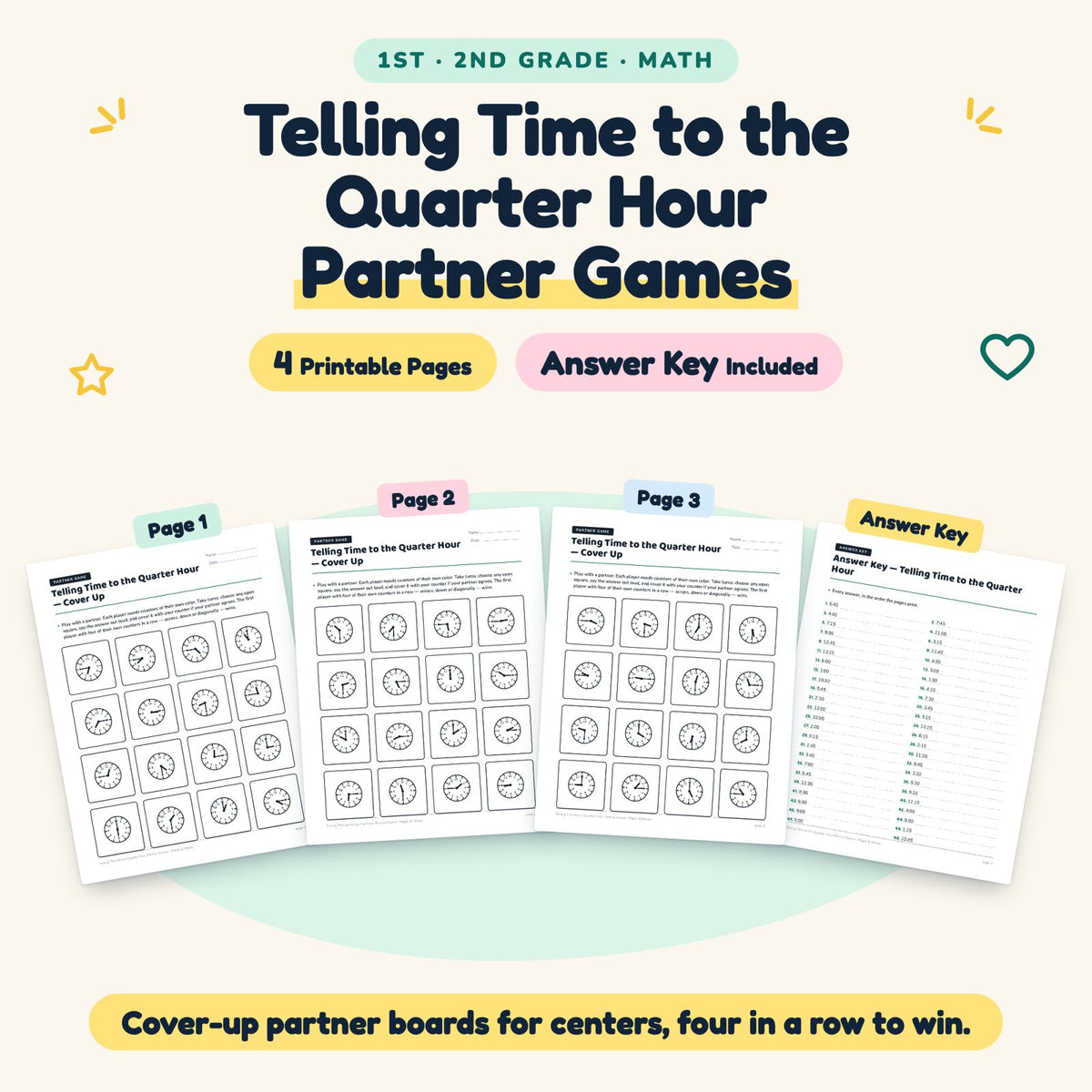 4 Telling Time to the Quarter Hour Partner Games — cover
