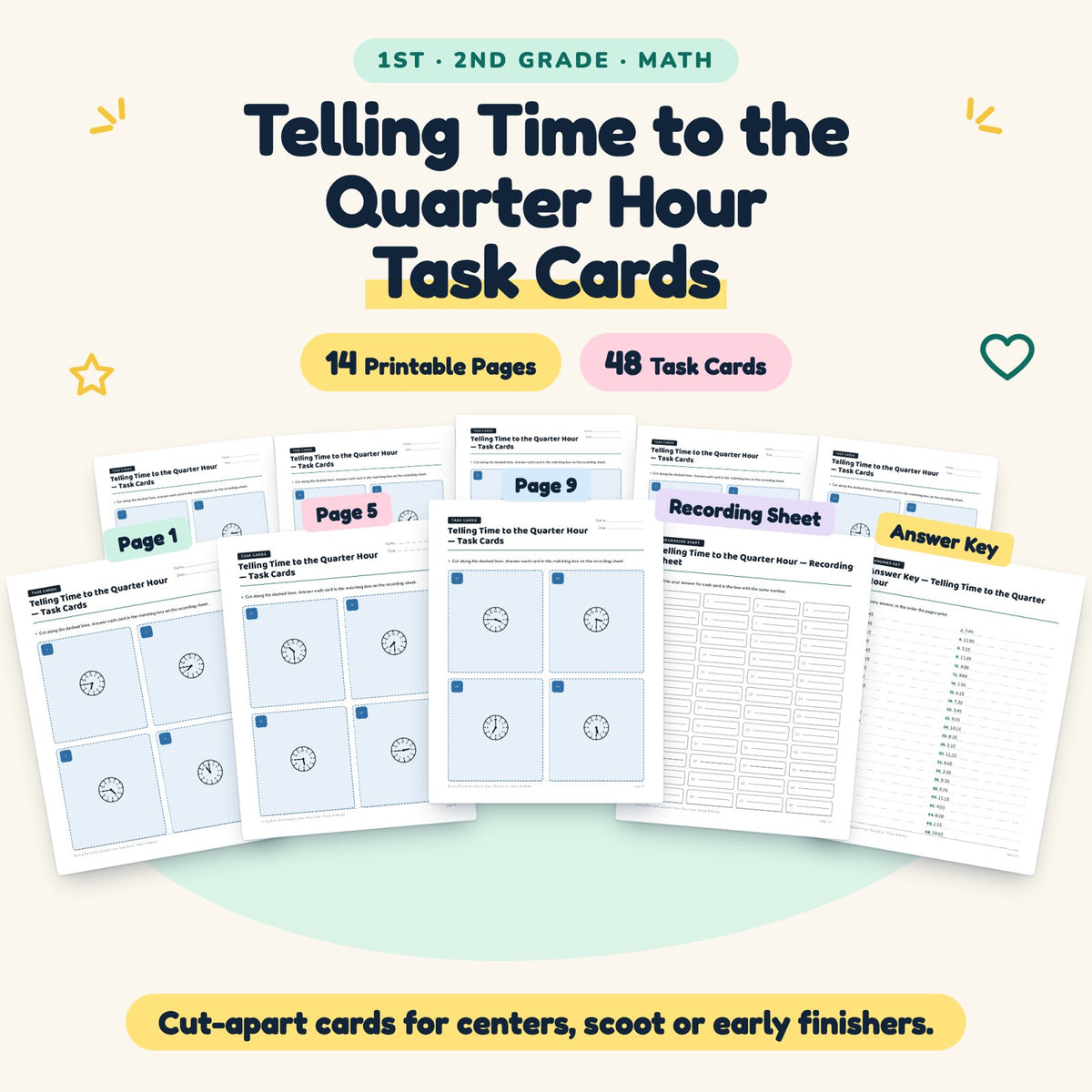 Telling Time to the Quarter Hour Task Cards | 1st–2nd Grade — cover