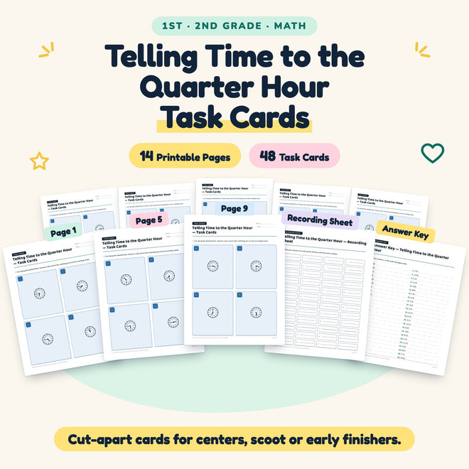 Telling Time to the Quarter Hour Task Cards | 1st–2nd Grade — cover