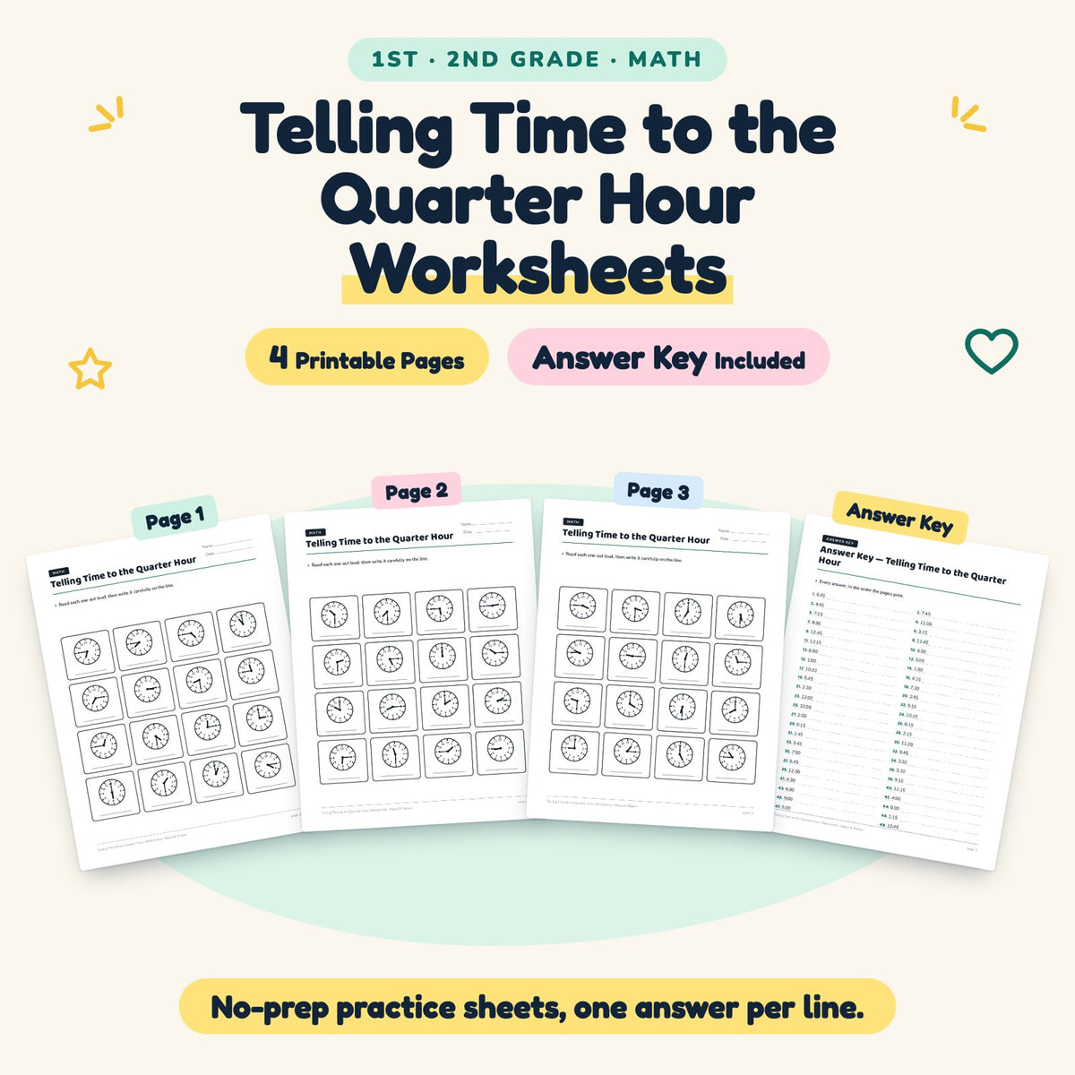 4 Telling Time to the Quarter Hour Worksheets — cover
