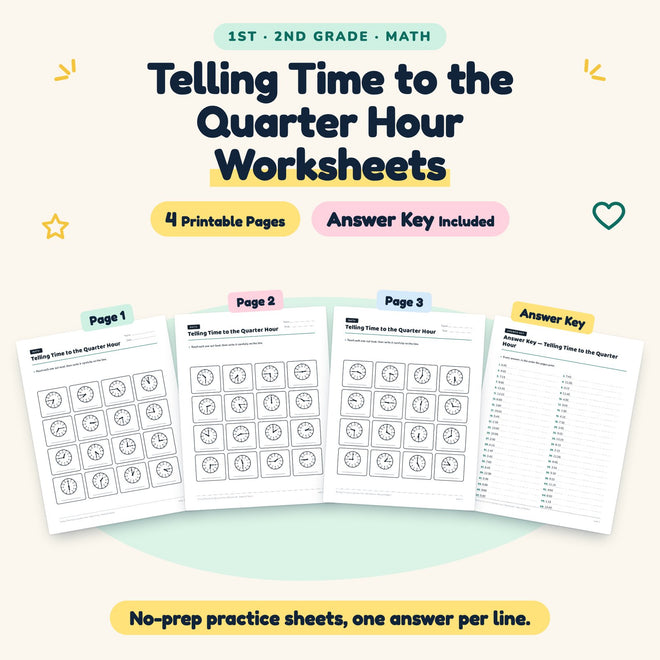 4 Telling Time to the Quarter Hour Worksheets — cover