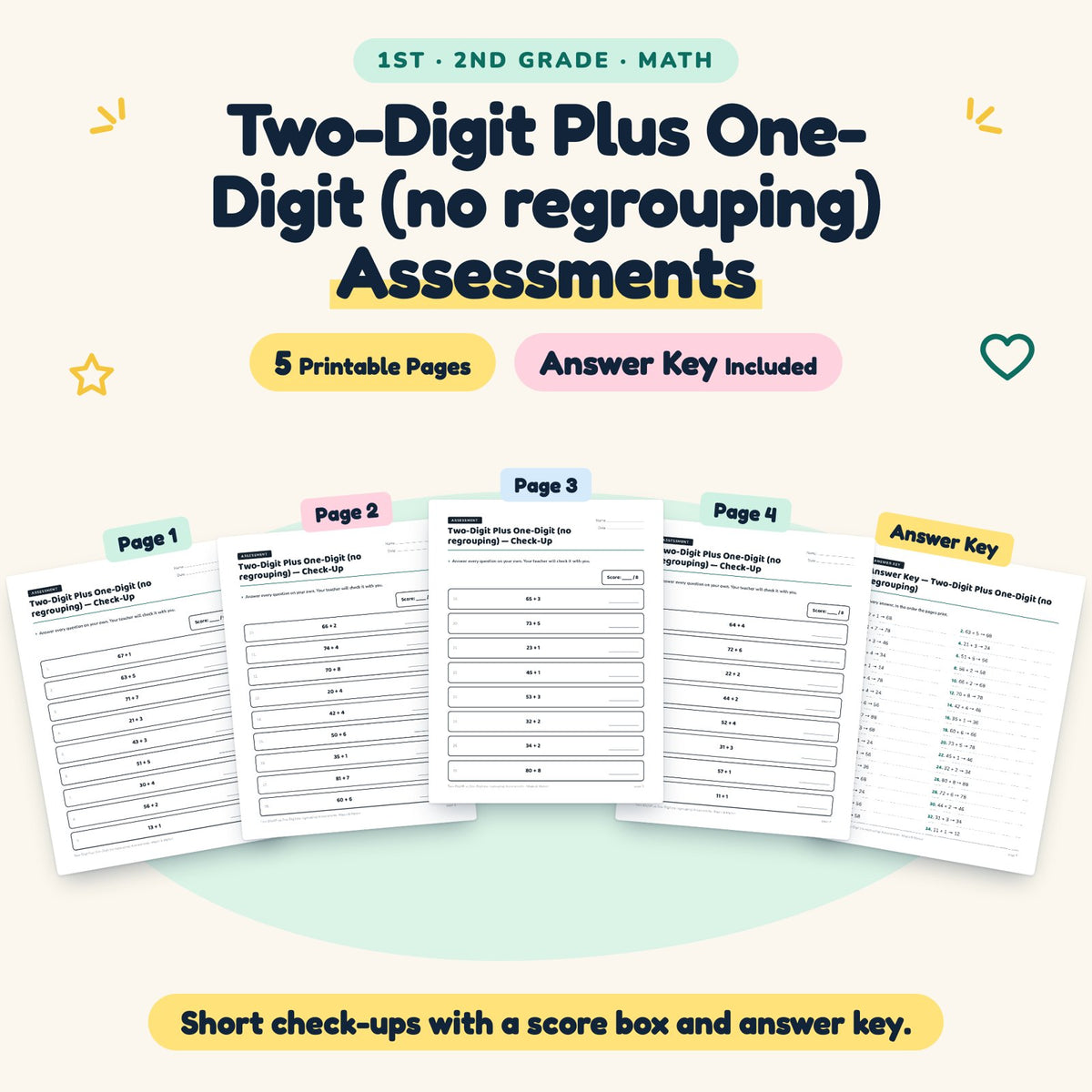 5 Two-Digit Plus One-Digit (no regrouping) Assessments — cover