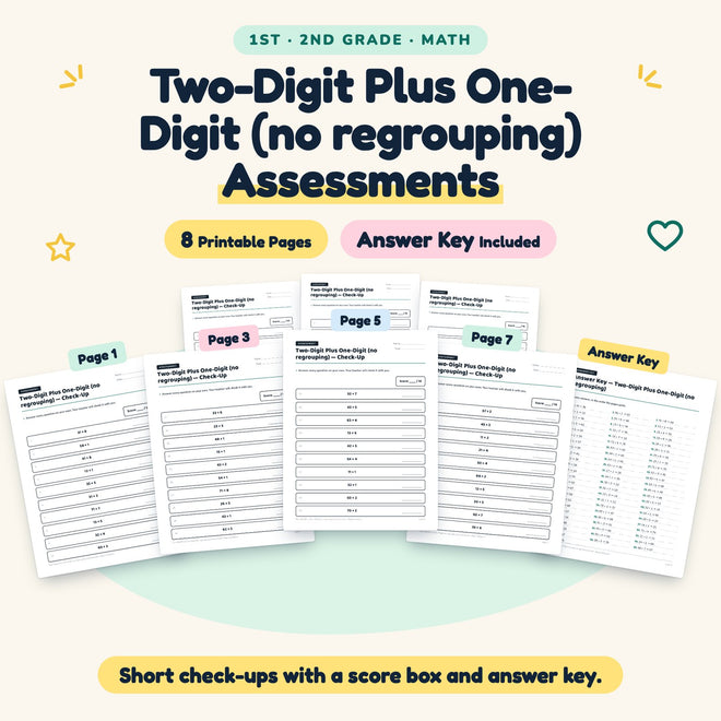 Two-Digit Plus One-Digit Assessments | 1st–2nd Grade Math — cover
