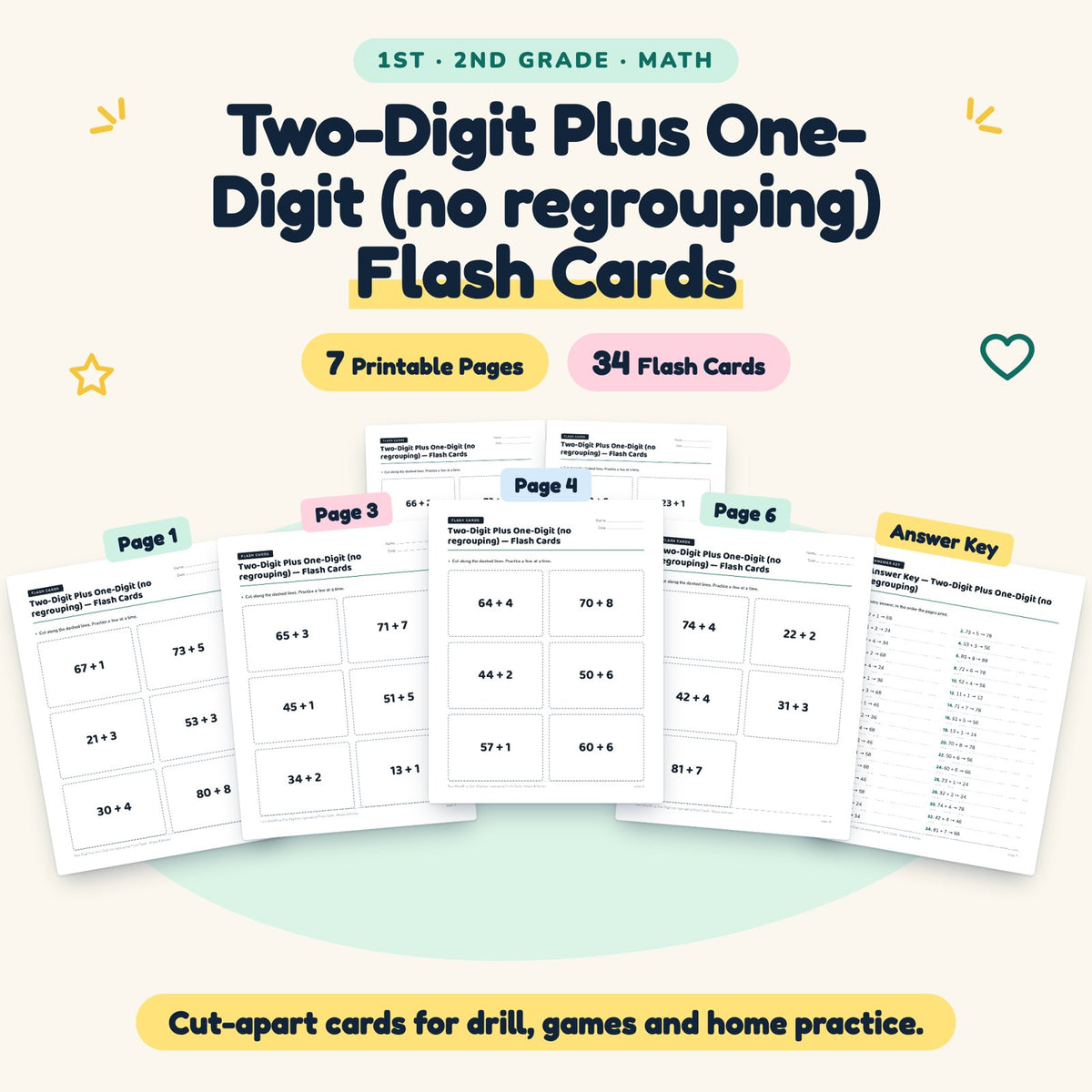 34 Two-Digit Plus One-Digit (no regrouping) Flash Cards — cover