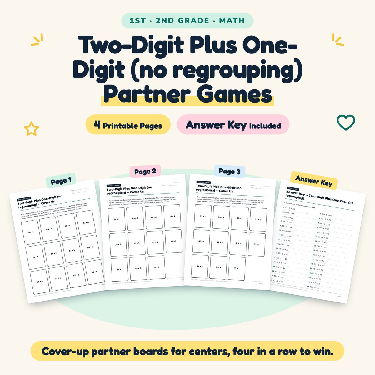 4 Two-Digit Plus One-Digit (no regrouping) Partner Games — cover