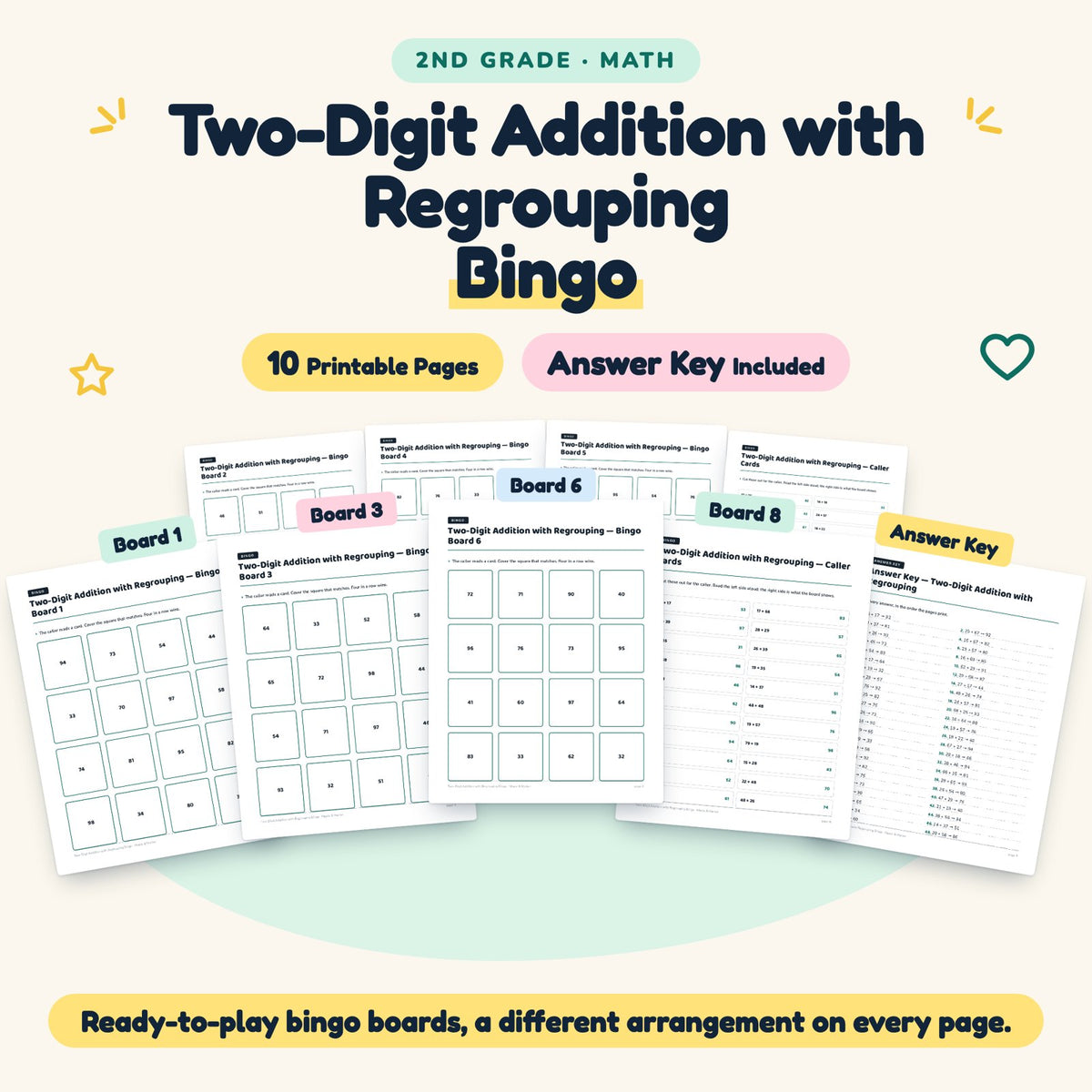10 Two-Digit Addition with Regrouping Bingo — cover