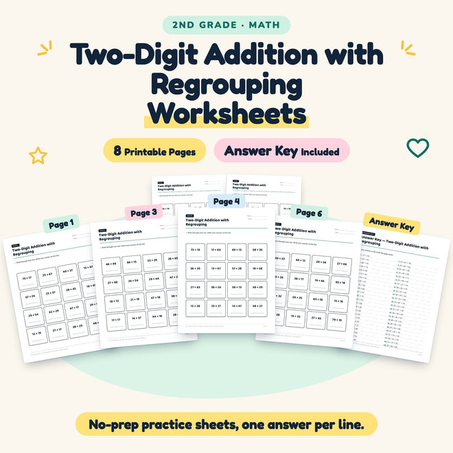 8 Two-Digit Addition with Regrouping Worksheets — cover