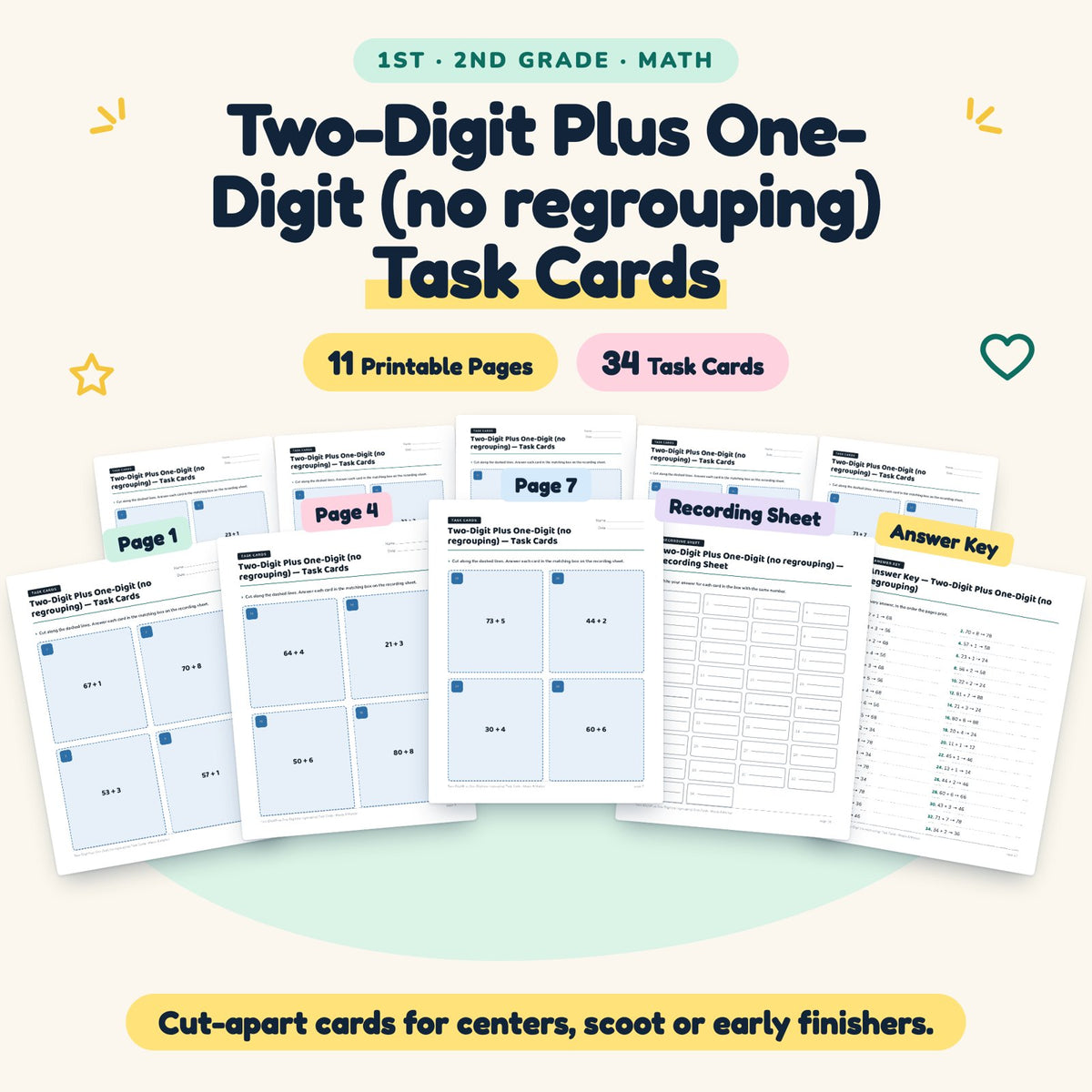 34 Two-Digit Plus One-Digit (no regrouping) Task Cards — cover