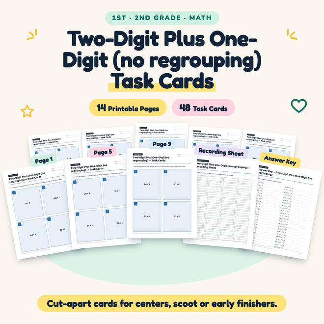 Two-Digit Plus One-Digit Task Cards | 1st–2nd Grade Math — cover