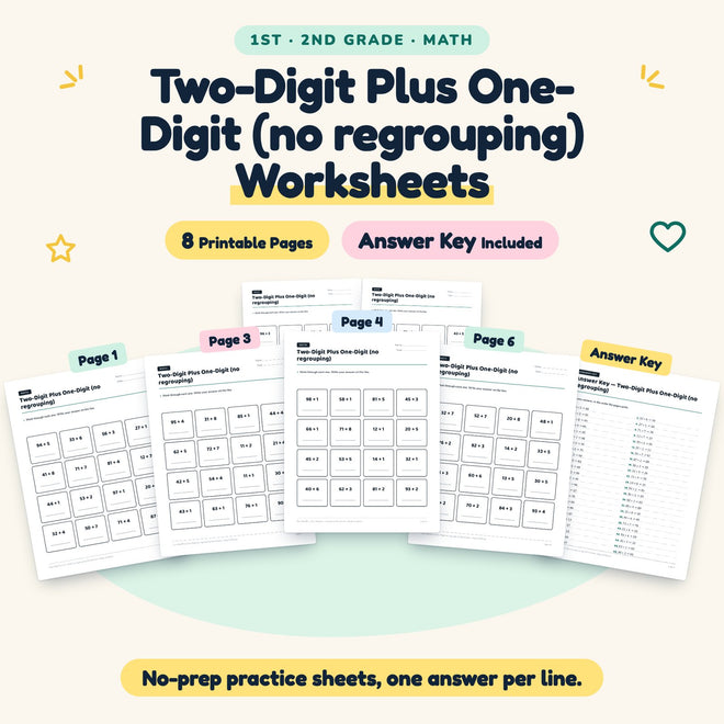 Two-Digit Plus One-Digit Worksheets | 1st–2nd Grade Math — cover