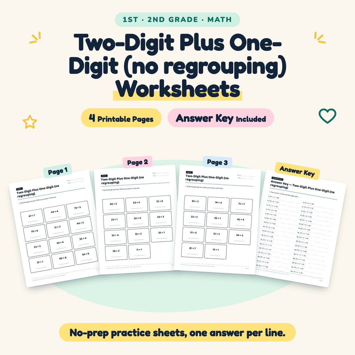 4 Two-Digit Plus One-Digit (no regrouping) Worksheets — cover