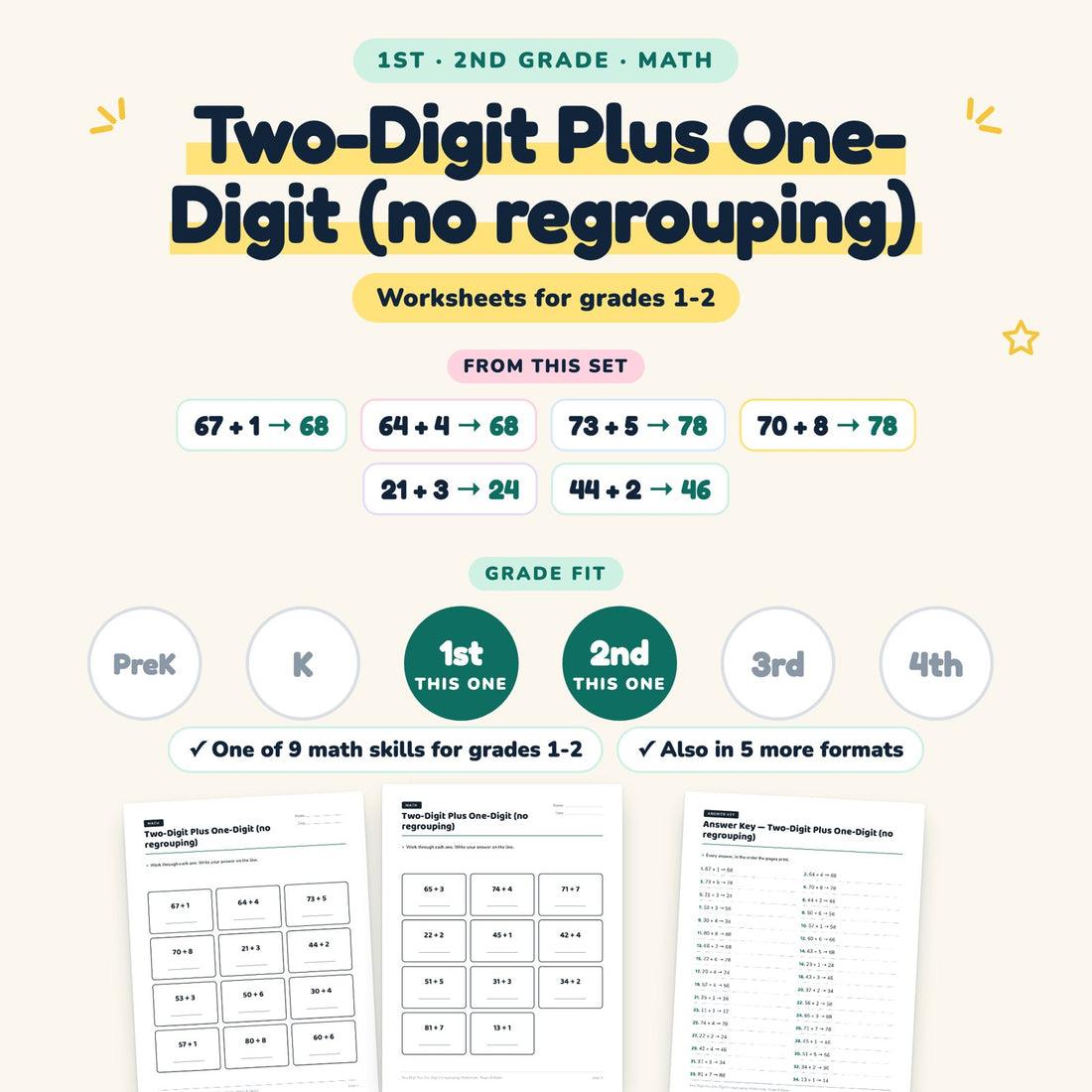 Two-Digit Plus One-Digit (no regrouping): skill and grade fit