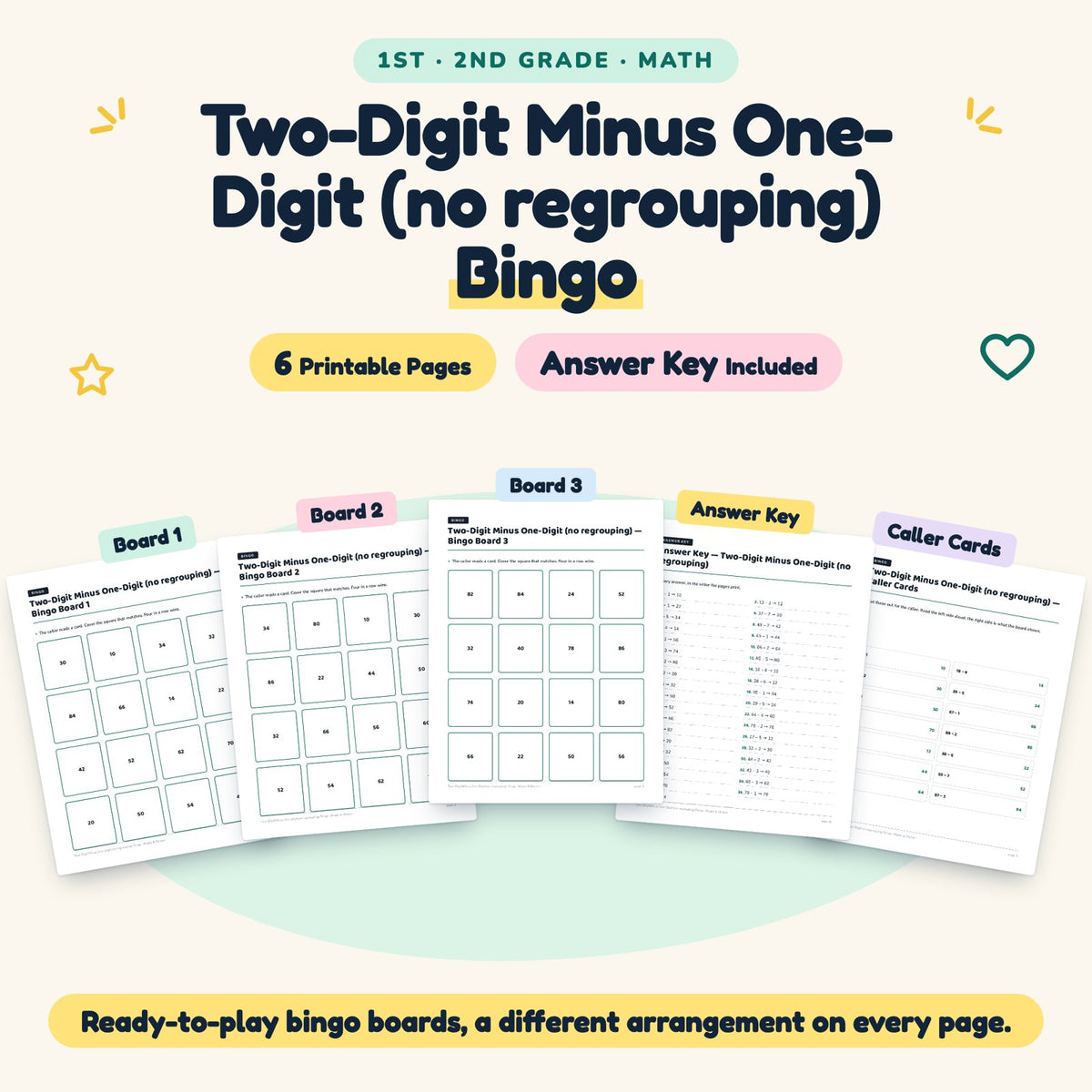 6 Two-Digit Minus One-Digit (no regrouping) Bingo — cover