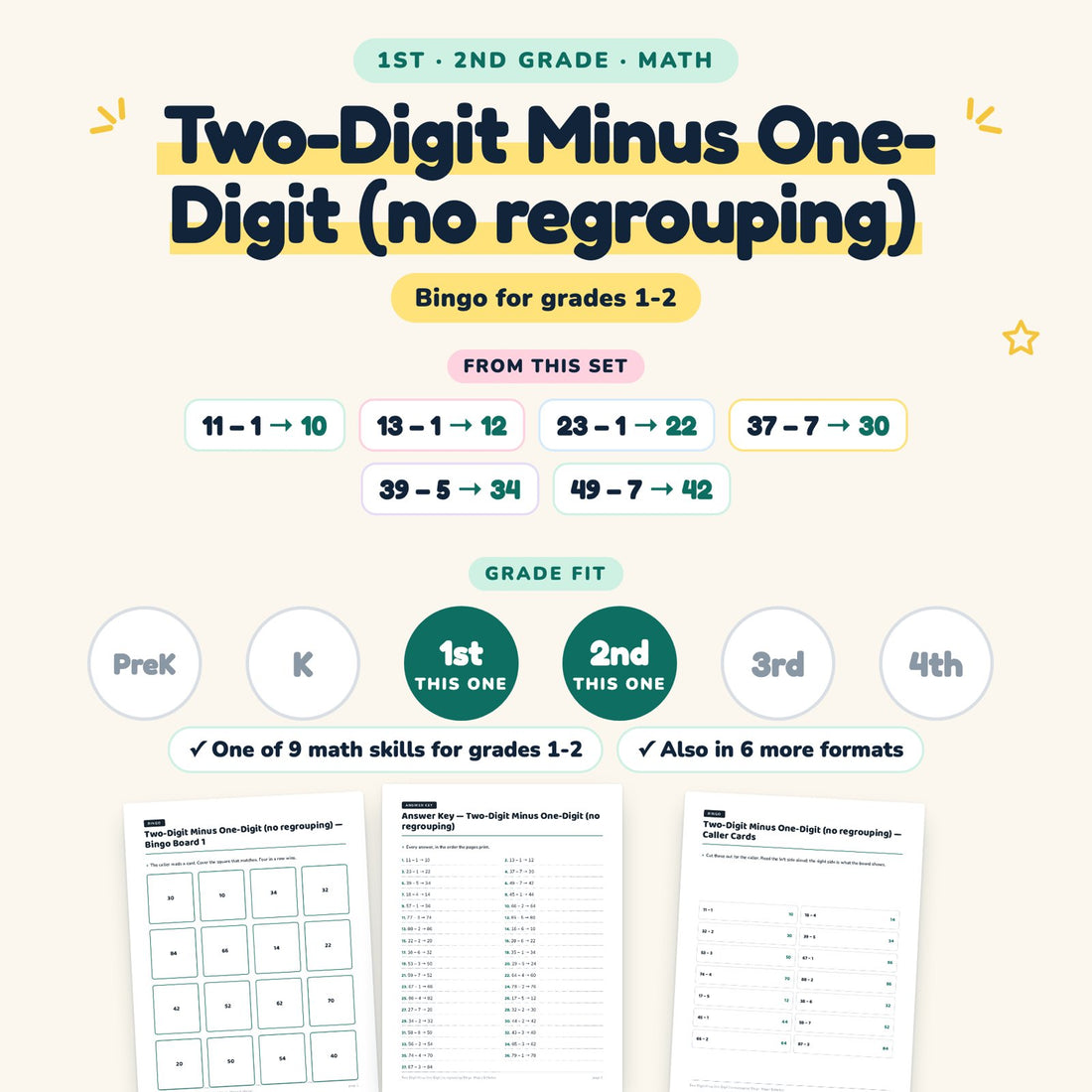 Two-Digit Minus One-Digit (no regrouping): skill and grade fit