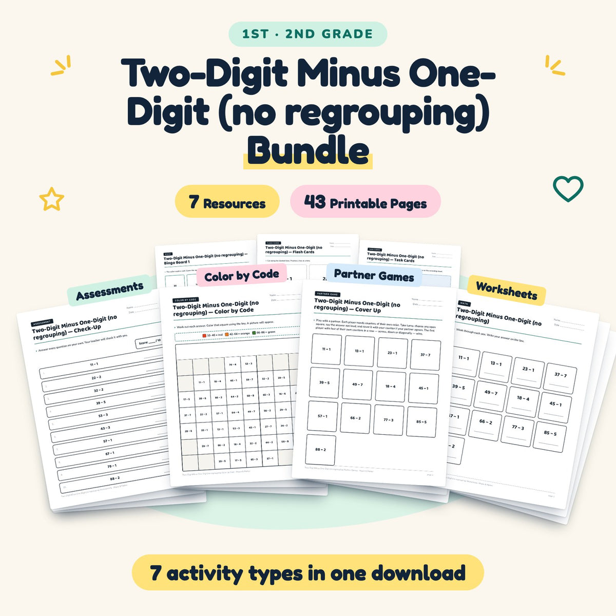 43 Page Two-Digit Minus One-Digit (no regrouping) Bundle — cover