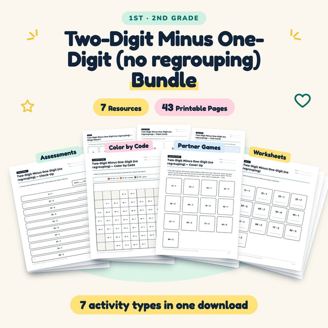 43 Page Two-Digit Minus One-Digit (no regrouping) Bundle — cover