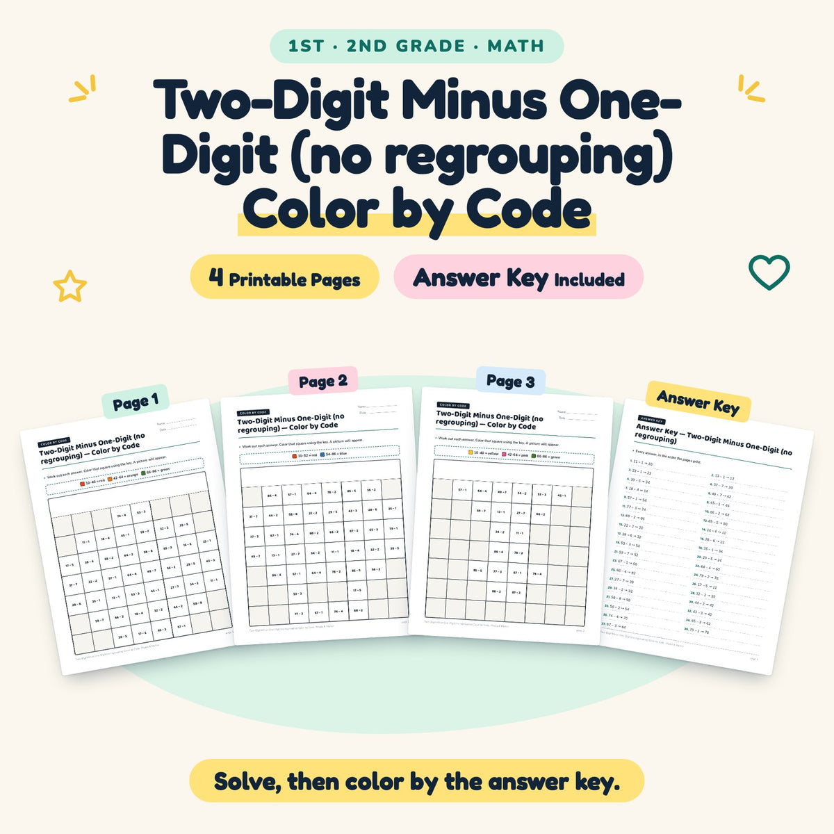 4 Two-Digit Minus One-Digit (no regrouping) Color by Code — cover
