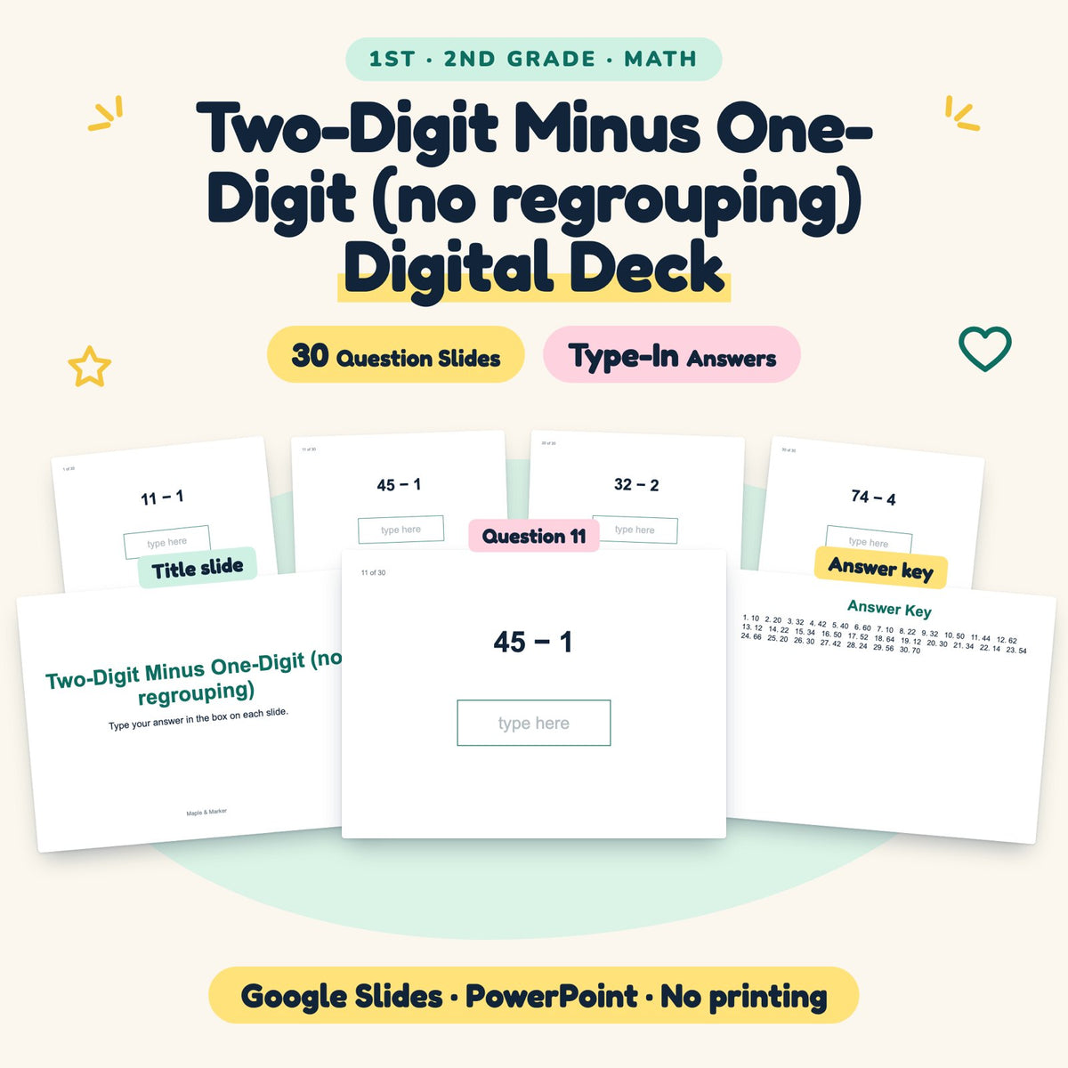30 Question Two-Digit Minus One-Digit (no regrouping) Digital Deck — cover