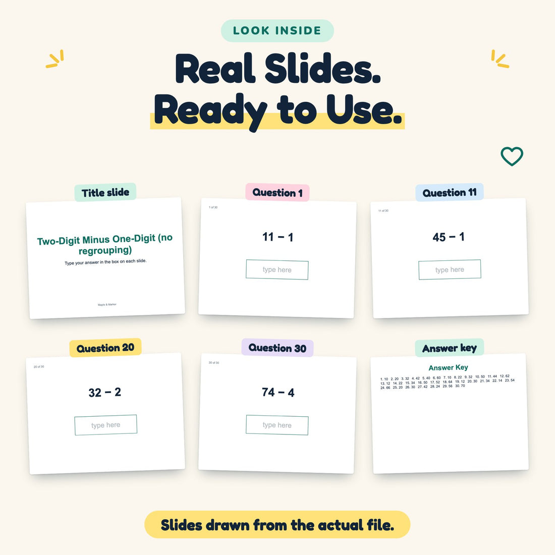 Two-Digit Minus One-Digit (no regrouping) digital deck: look inside