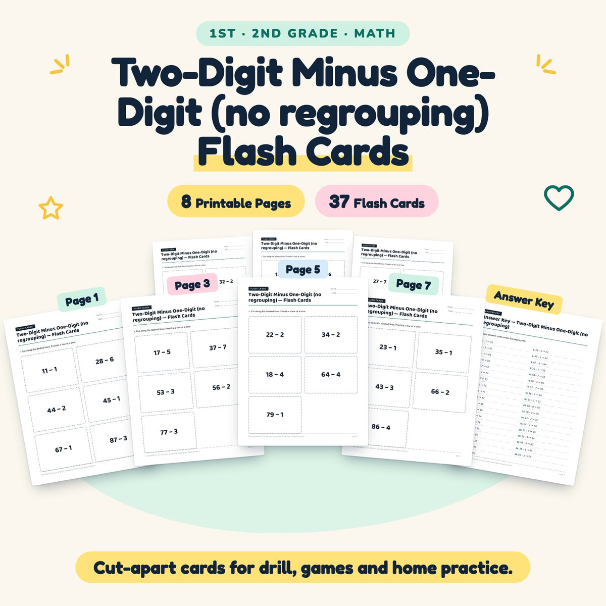 37 Two-Digit Minus One-Digit (no regrouping) Flash Cards — cover