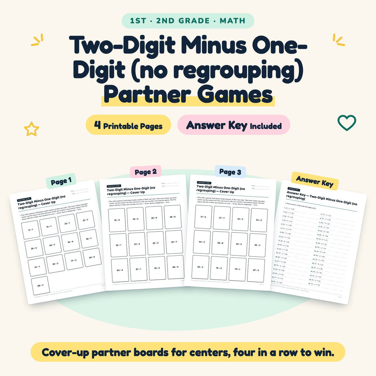4 Two-Digit Minus One-Digit (no regrouping) Partner Games — cover