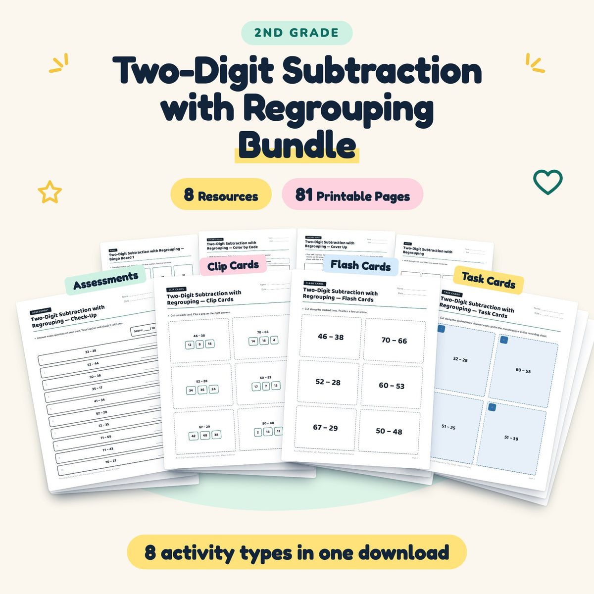 Two-Digit Subtraction with Regrouping Bundle | 2nd Grade — cover