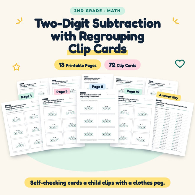 72 Two-Digit Subtraction with Regrouping Clip Cards — cover