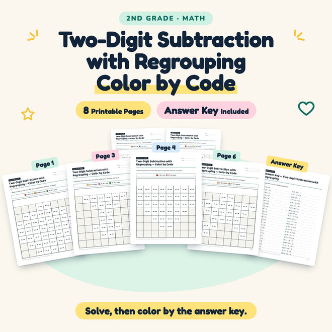 8 Two-Digit Subtraction with Regrouping Color by Code — cover