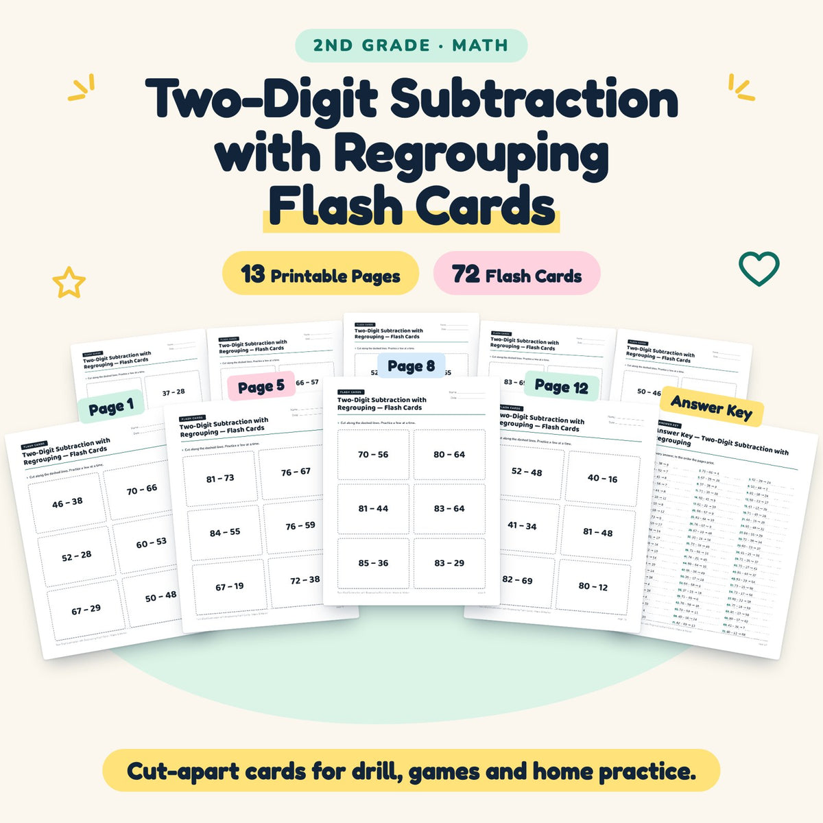 72 Two-Digit Subtraction with Regrouping Flash Cards — cover