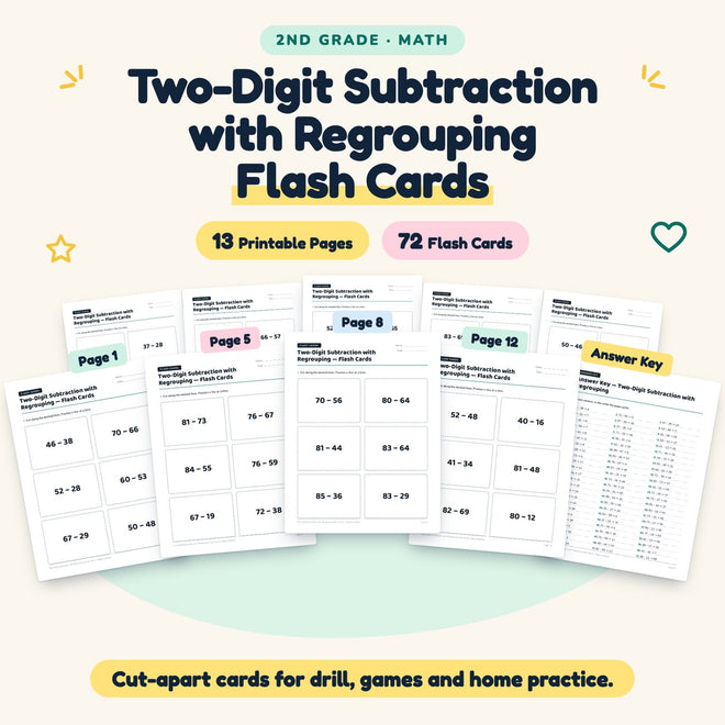 72 Two-Digit Subtraction with Regrouping Flash Cards — cover