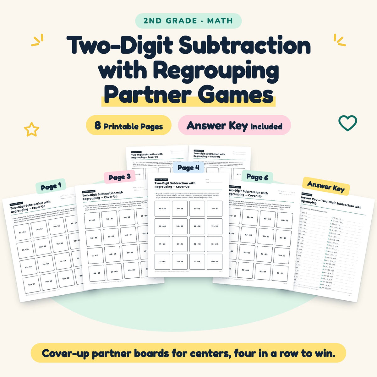 8 Two-Digit Subtraction with Regrouping Partner Games — cover