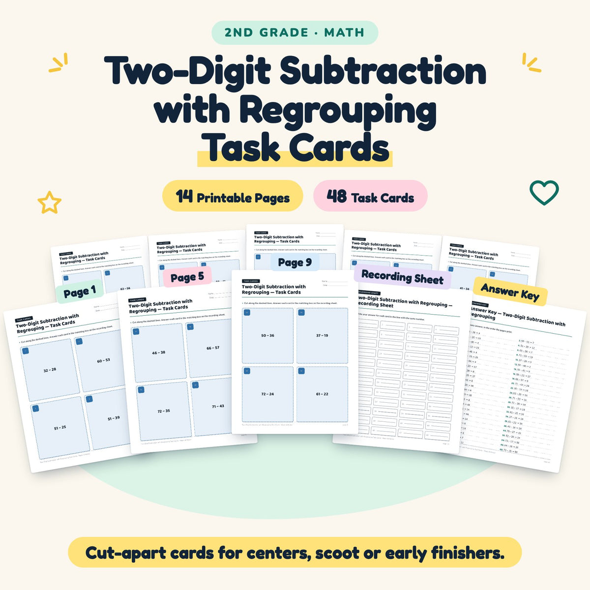 48 Two-Digit Subtraction with Regrouping Task Cards — cover