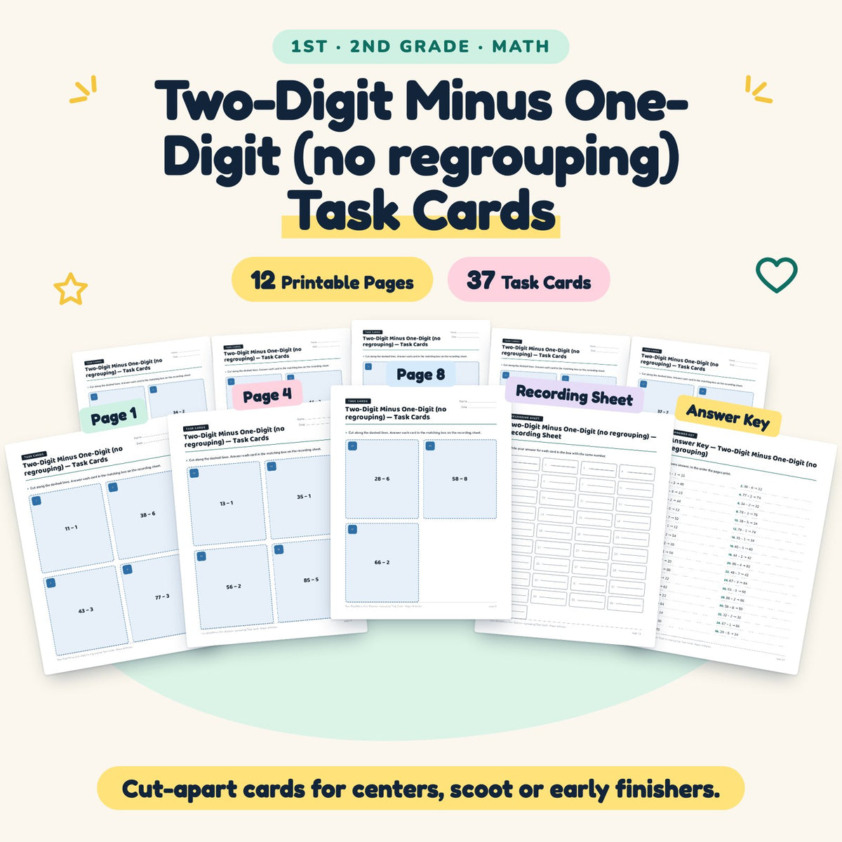 37 Two-Digit Minus One-Digit (no regrouping) Task Cards — cover