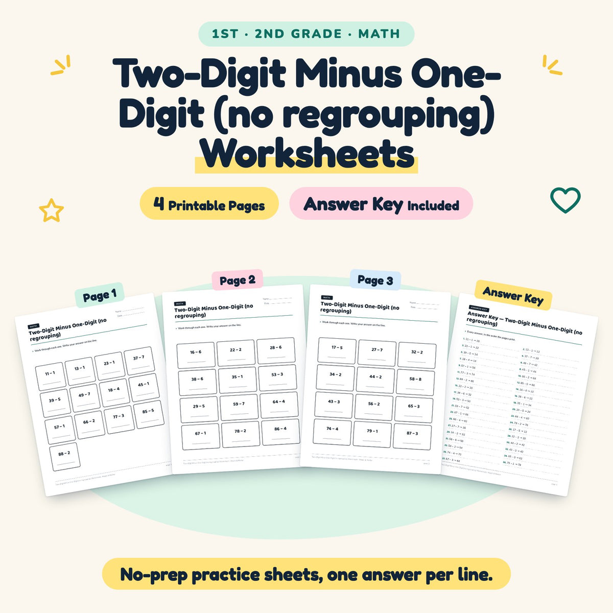 4 Two-Digit Minus One-Digit (no regrouping) Worksheets — cover