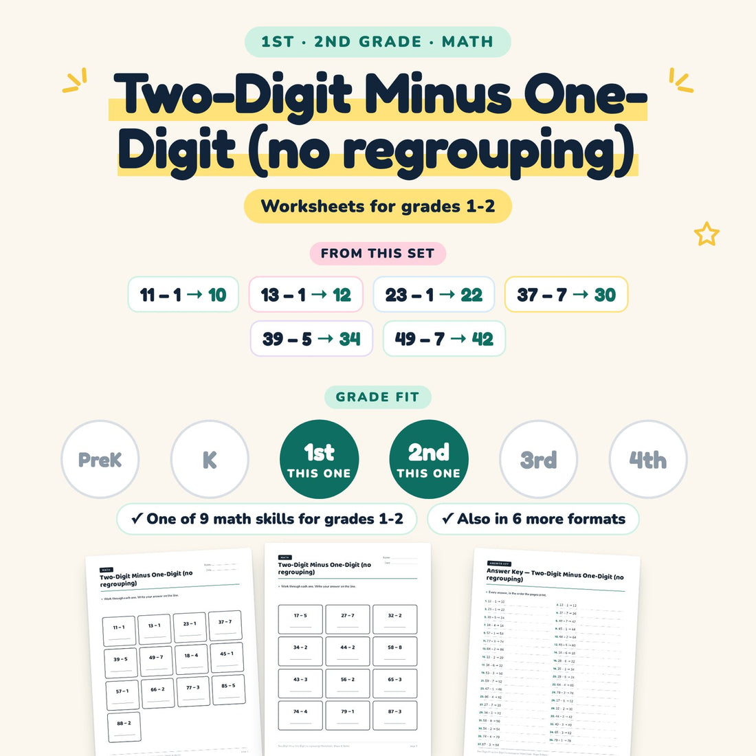 Two-Digit Minus One-Digit (no regrouping): skill and grade fit