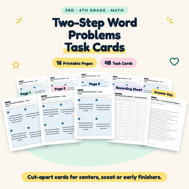 Two-Step Word Problems Task Cards | 3rd–4th Grade (48 Cards) — cover
