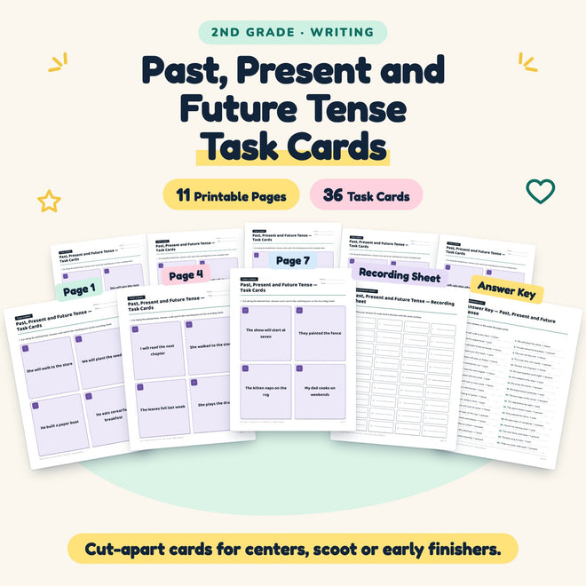 36 Past, Present and Future Tense Task Cards — cover