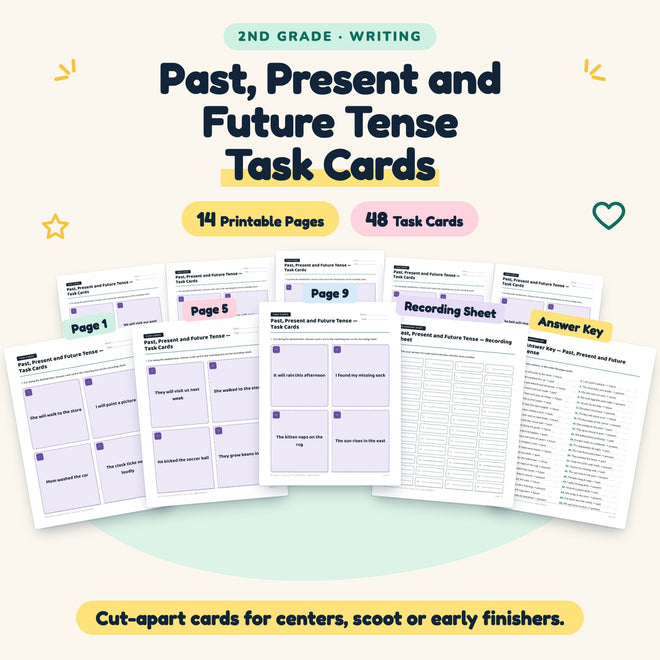 Past, Present and Future Tense Task Cards | 2nd Grade — cover