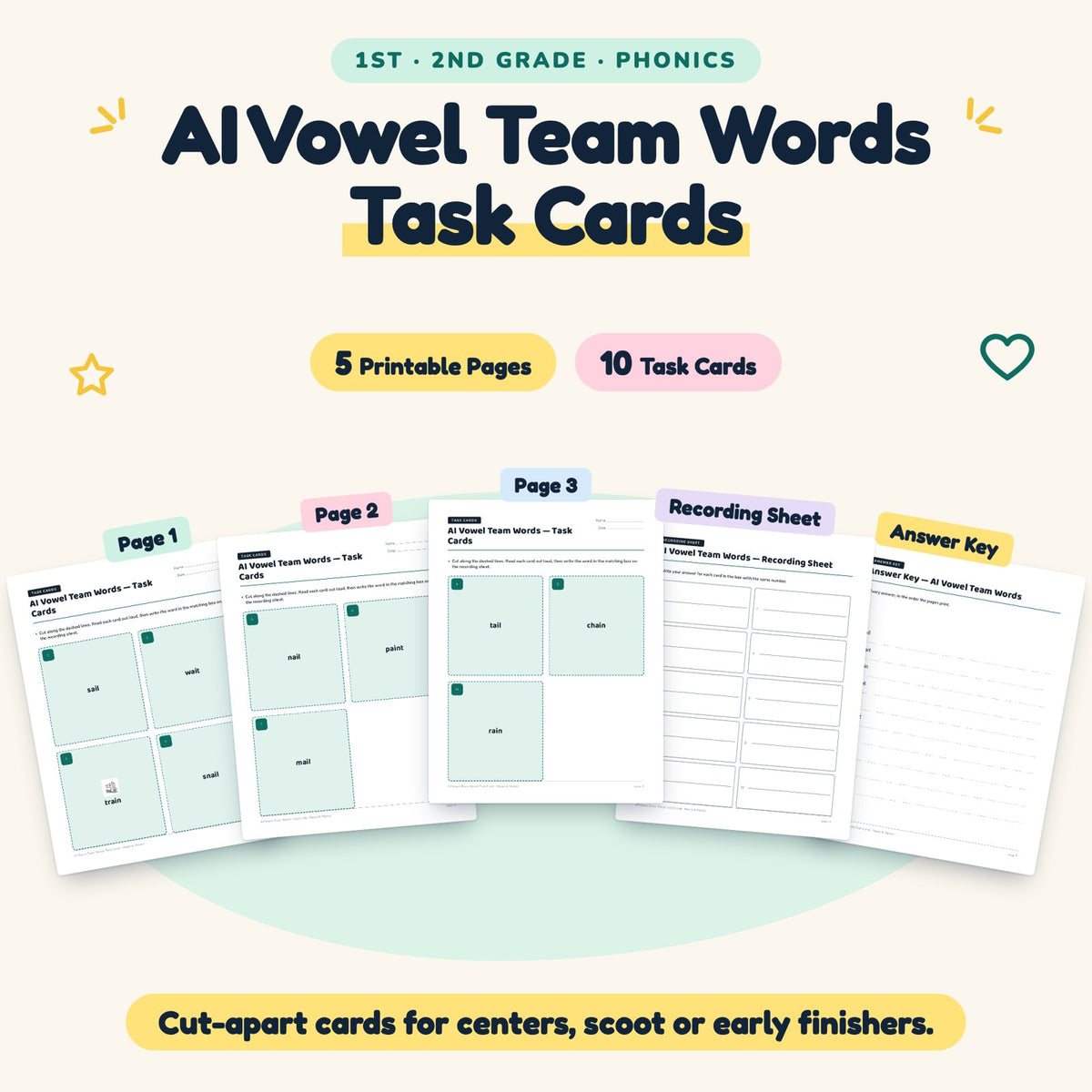 10 AI Vowel Team Words Task Cards — cover