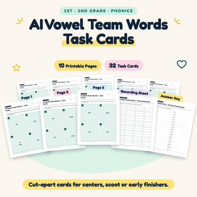 AI Vowel Team Words Task Cards | 1st–2nd Grade (10 Cards) — cover