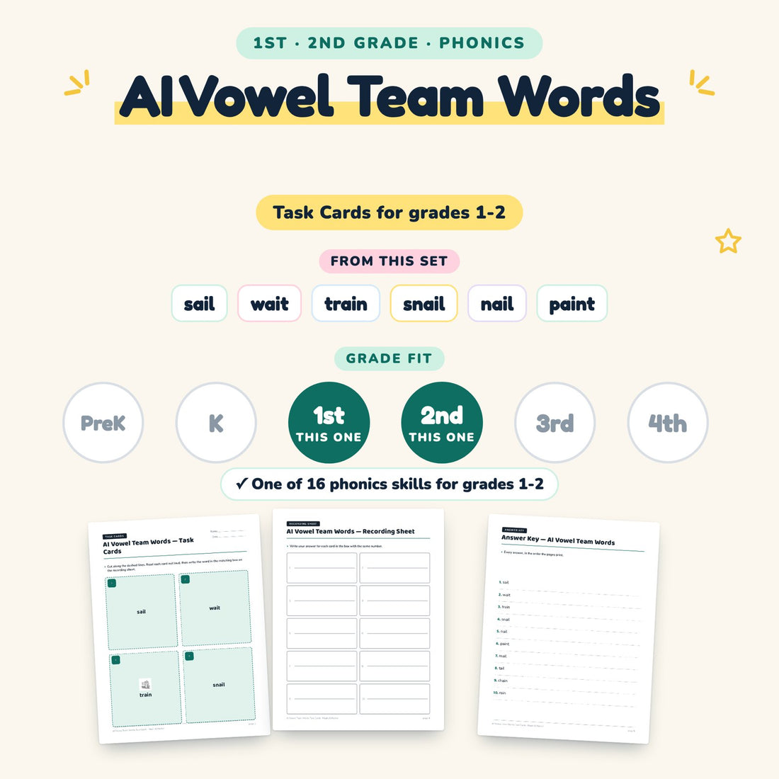 AI Vowel Team Words: skill and grade fit
