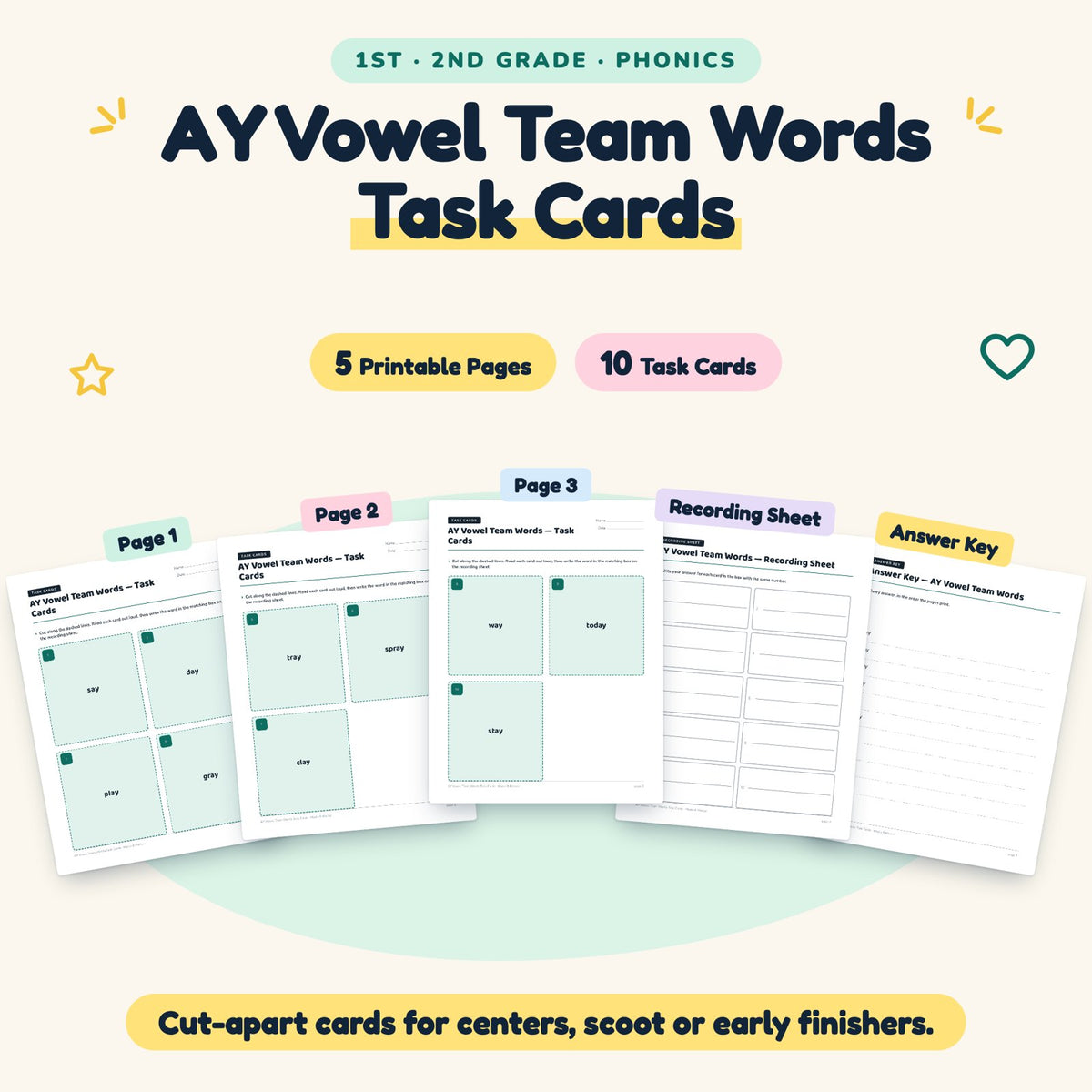 10 AY Vowel Team Words Task Cards — cover