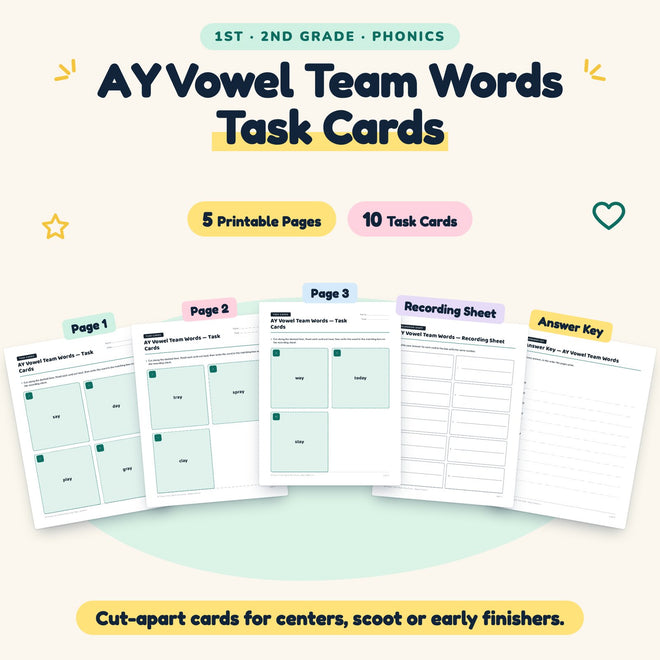 10 AY Vowel Team Words Task Cards — cover