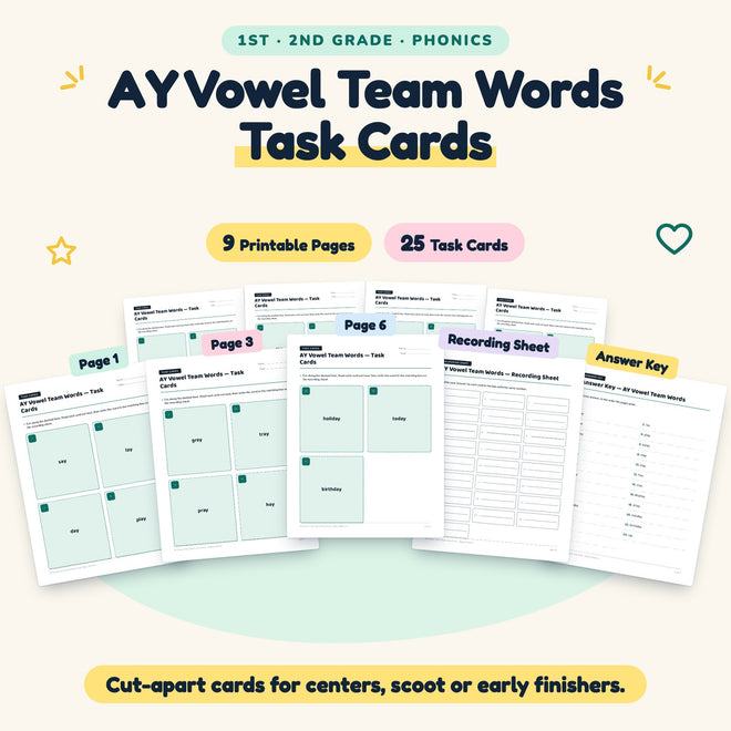 AY Vowel Team Words Task Cards | 1st–2nd Grade (10 Cards) — cover