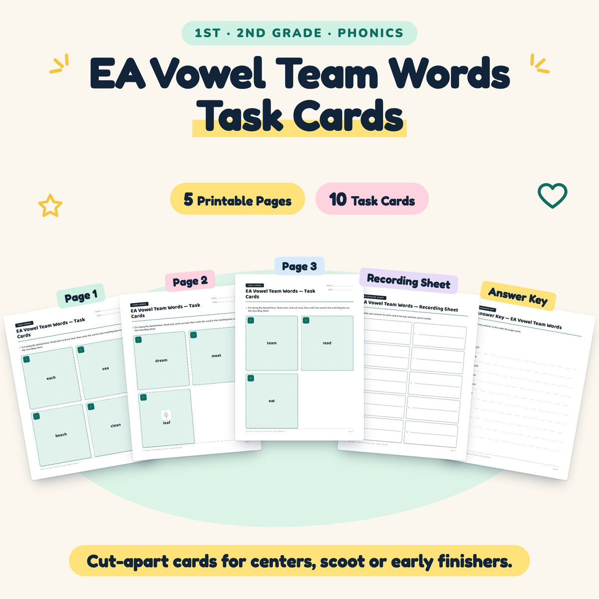 10 EA Vowel Team Words Task Cards — cover